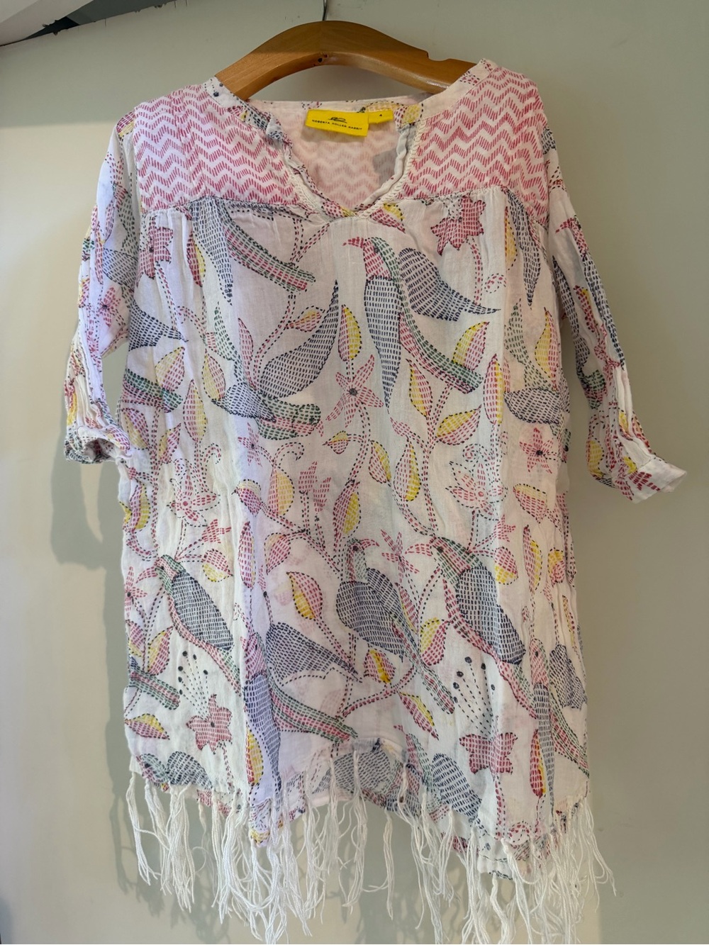 Roller Rabbit White Fringe Swim Coverup with Red & Yellow Floral Print